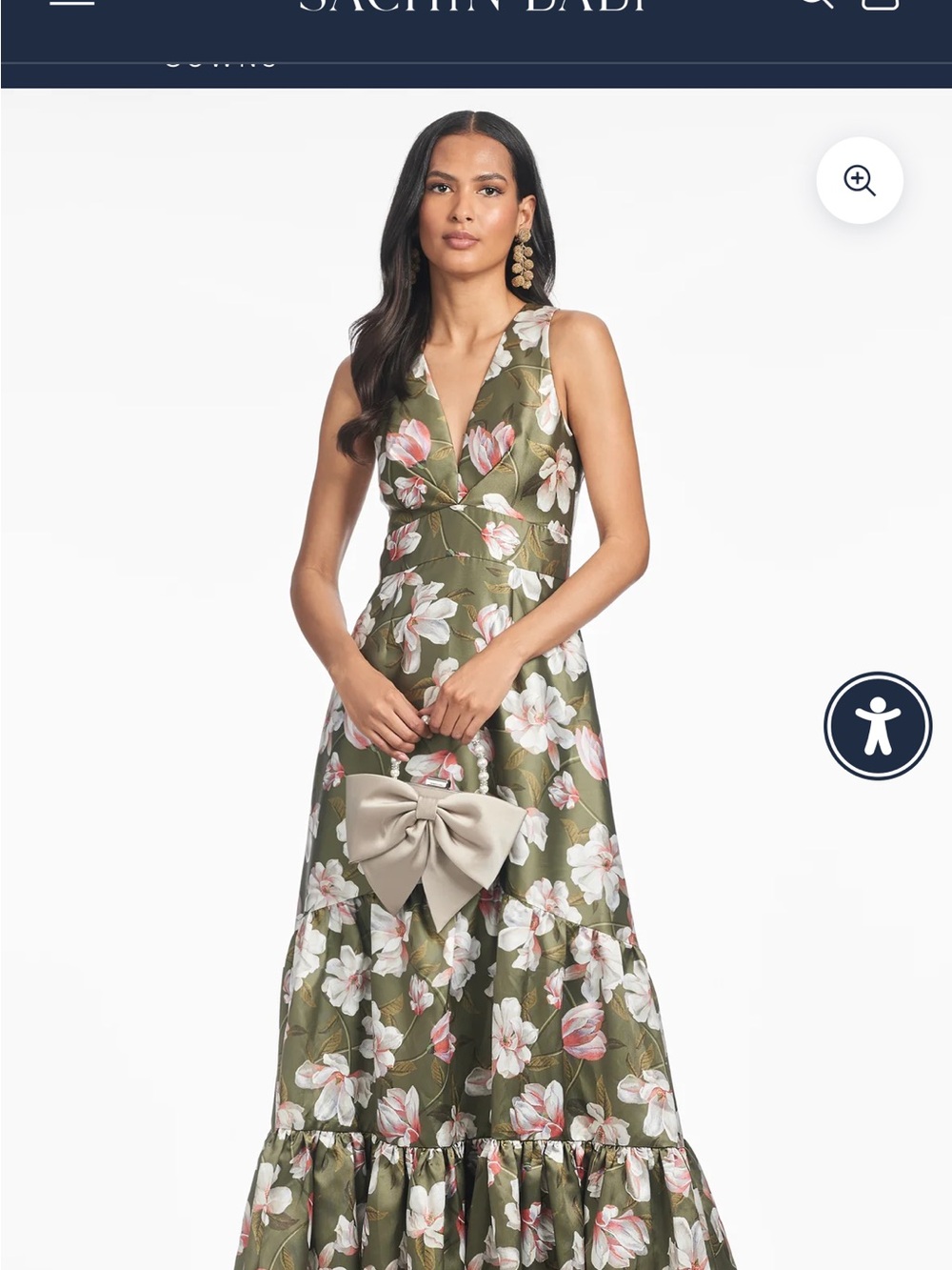 Sachin + Babi RORI GREEN FLORAL MIKADO V NECK EMPIRE WAIST GOWN
